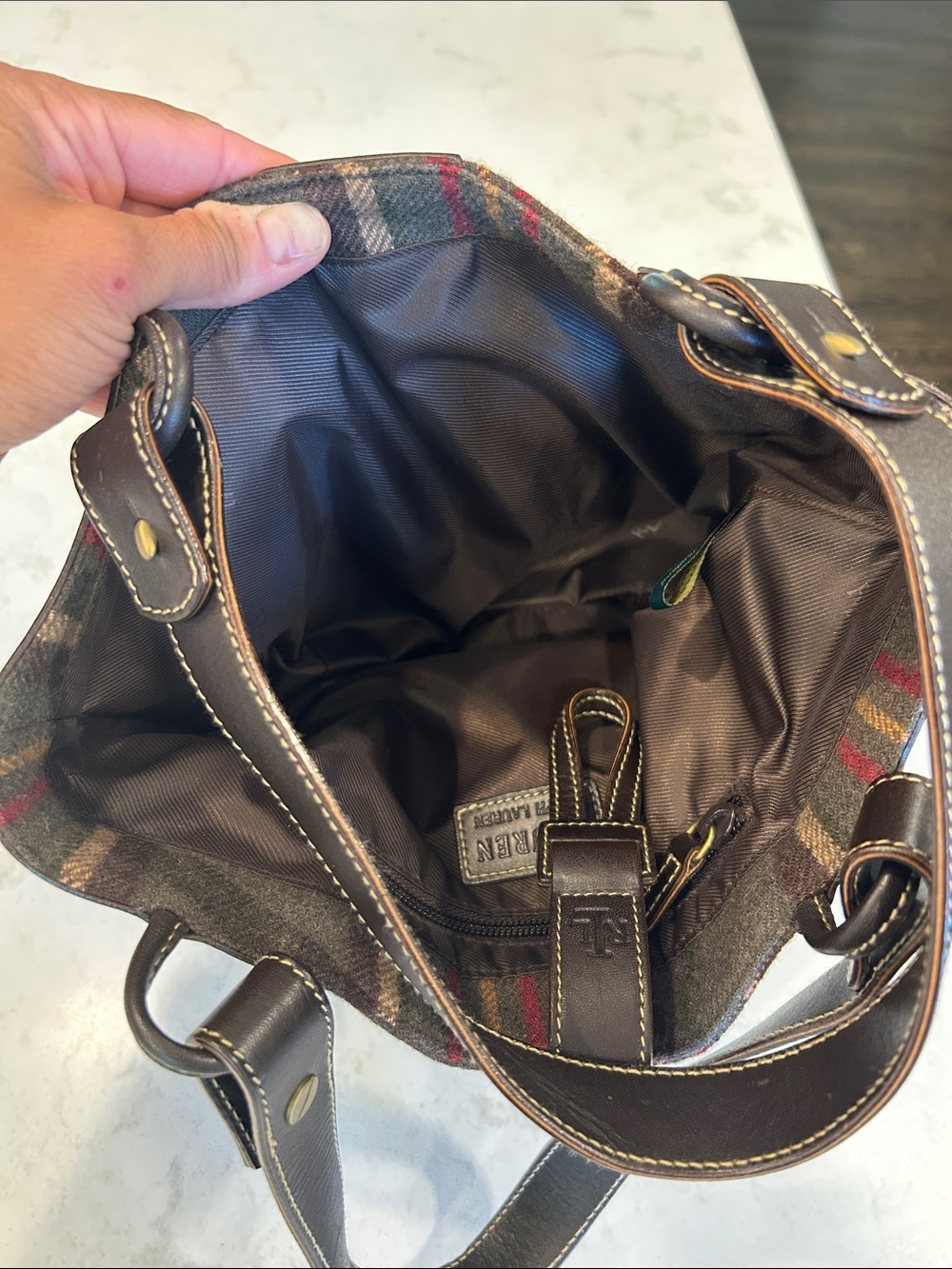VTG Lauren Ralph Lauren Plaid Hobo Dark Brown Leather Trim Equestrian Preppy Y2K - Picture 11 of 13